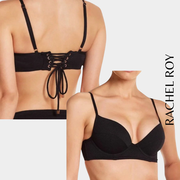 Rachel Roy NEW Textured Black Bikini Top Adjustable Straps Lace-Up Back Detail M - Picture 1 of 10